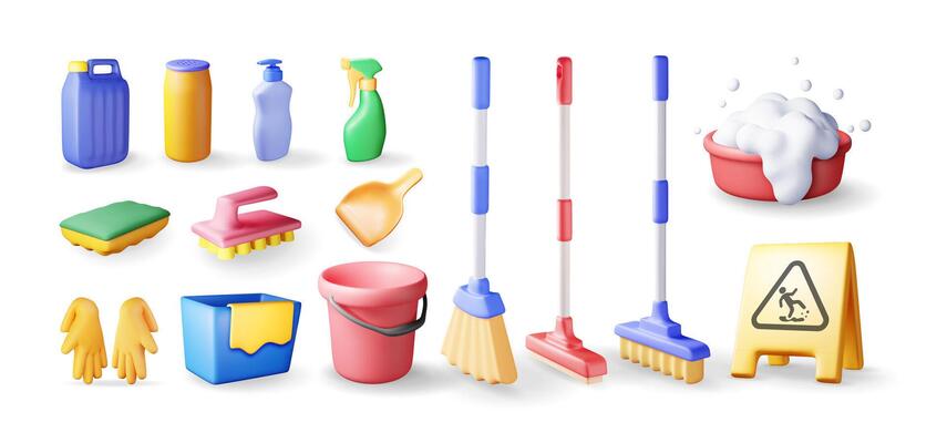 3D set of home cleaning tools isolated. Render collection of accessories for washing dishes and house cleaning. Bottle of detergent, sponge, soap gloves. Bucket, mop broom dustpan.