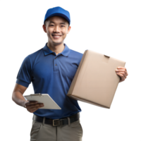 Smiling delivery man holding package and clipboard on transparent background png