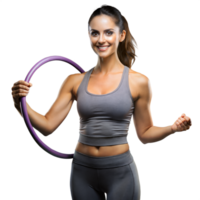 Smiling woman exercising with fitness hoop on transparent background png