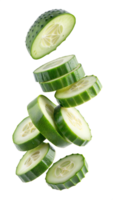 Fresh cucumber slices floating on transparent background png