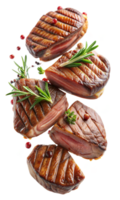 Grilled steaks with herbs and seasoning on transparent background png