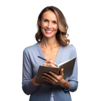 Smiling woman writing in a notebook on transparent background png