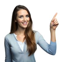 Smiling woman pointing up on transparent background png