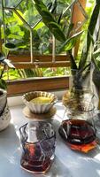 there is a glass bowl with lemon slices on top of coffee grounds, with a coffee filter photo