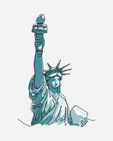 Continuous one single line drawing of Statue of Liberty. Half body with color. Editable stroke. Isolated background graphic illustration. vector
