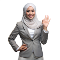 Confident businesswoman in hijab waving and smiling png