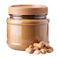 Jar of almond butter with scattered almonds on transparent background png
