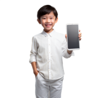 Happy child holding a smartphone displaying empty screen png