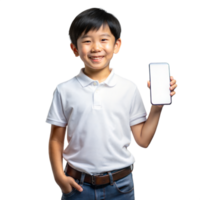 Smiling kid holding smartphone with blank screen png