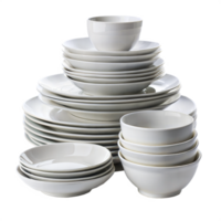 Stack of various ceramic plates and bowls on transparent background png