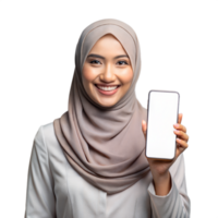 Smiling woman in hijab displaying smartphone screen with confidence png
