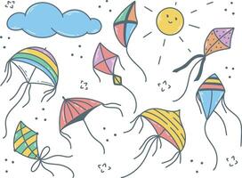 Kites of various colors and shapes doodle set vector