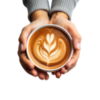 Hands holding a cup of coffee with latte art png