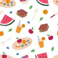 Seamless pattern with summer picnic elements. illustration of picnic fruits, snacks, watermelon. Outdoor lunch concept in trendy cartoon style. vector