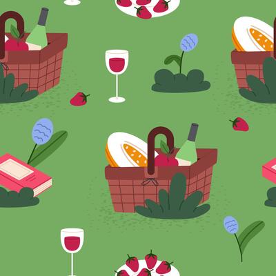 Picnic basket seamless pattern full of delicious. picnic hampers for food background. Outdoor leisure print great for textiles, banners, wallpaper