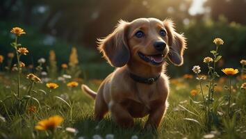 un perro en pie en un campo de flores foto