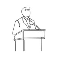 Speaker man speech behind tribune on conference, continuous one line drawing. Orator on podium by leader, businessman, teacher talking. single outline vector