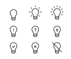 Bulb light different, line icon set. Lightbulb symbol as idea concept sign. Lamp simple outline illustration vector