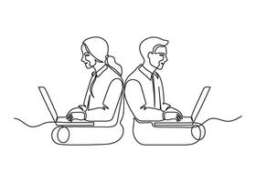 Group office people work on laptop, continuous one line drawing. Teamwork, learning or business, partnership in work. Simple single minimalism outline style illustration vector