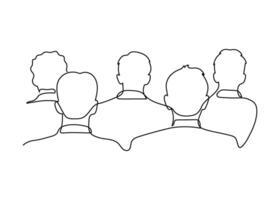 Audience, auditorium with sit people spectator back, continuous one line drawing. Business training, conference, education people mass. Students silhouette, lecture. single outline illustration vector