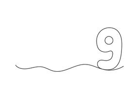 Number nine, continuous one line drawing. Black hand drawn single minimalist line isolated number. line figure background vector