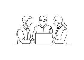 Business meeting of group office people, work on laptop, continuous one line drawing. Teamwork, learning or business talking, partnership in work. Simple single minimalism outline style illustration vector
