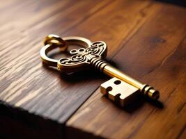 a less focused image of a gold key with an artistic and ancient design that has its own artistic value. photo