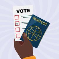 Passport and voting application in a black hand, election day theme, striped background vector
