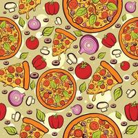 Seamless pattern with pizzas and pizza slices with leaves, onions, tomatoes, salami and mushrooms. Doodles with fast food snack and vegetables vector