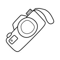 Outline Photo Camera, Shooting equipment. Sketch icon, Linear Illustration in Doodle style Isolated on White background. Contour Digital technology for Cards and Memories with Lens and Button. vector