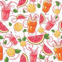 Summer seamless pattern with lemonade glasses, juice and fruits. Repeat background with lemons, watermelon slices and jars vector