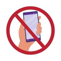 No phone use symbol with a hand holding a smartphone and a red prohibition circle over it vector