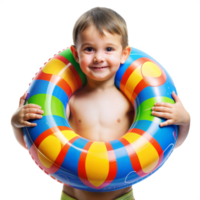 Smiling child with colorful swim ring on transparent background png