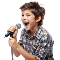 feliz Garoto cantando para dentro uma microfone enquanto sorridente png