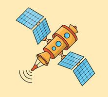 Modern flying satellite with wiresess transmission and solar system flat cartoon illustration on isolated background vector