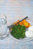 A breakfast diet plate without rice, featuring eggs, carrots, and broccoli, promoting a healthy and balanced meal photo
