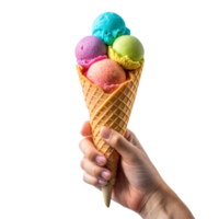 Hand holding colorful ice cream cone with multiple scoops png