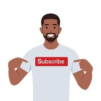 Young man holds a subscribe button with a call to click. vector