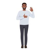 Young man smiling confidently while making a sincere promise or oath. vector