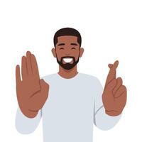 Young man with finger crossed and no gesture. vector