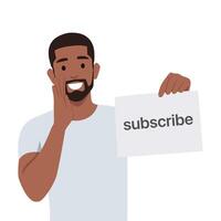 Young man holds a subscribe button with a call to click. vector