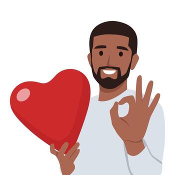 joven hombre participación grande amor rojo corazón con Okay signo. vector