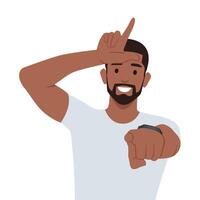 Young bearded man proud expression pointing front. vector