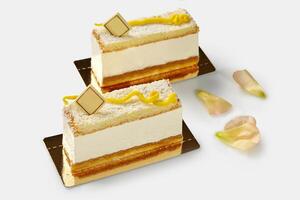 Slices of birds milk sponge cake with creamy souffle photo