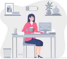 Emotional burnout syndrome. A woman, visibly exhausted, works at a computer with no energy, with a hole in her chest as a visual metaphor of her emptiness. vector