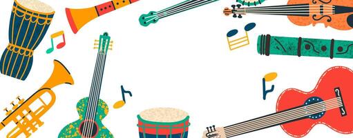 Frame with colorful musical diversity instruments objects. Musical event poster with copy space for text. vector