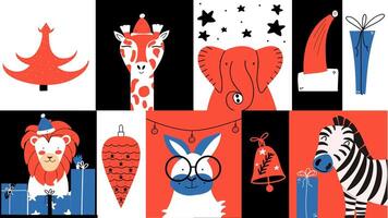 Christmas stylish set with different funny animals. Happy New Year design element collection with cute wildlife character. vector