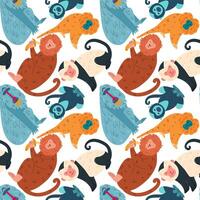 Seamless pattern with different colorful cute monkeys. vector