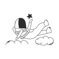 Cute child astronaut flies in the clouds with a star in his hand. Space doodle character. Spaceman on isolated background. vector