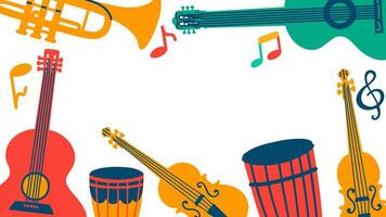 Frame with colorful musical diversity instruments objects. Musical event poster or banner with copy space for text. vector